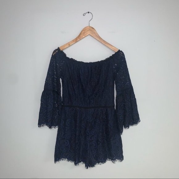 Freda Marie Lace Romper Off-The-Shoulder Navy Black Bell Sleeves Size  Medium‎ - Picture 2 of 11